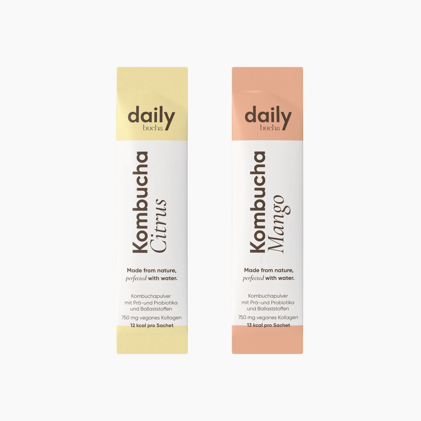 Daily Bucha Daily Rituals Set mit einem Zitronen-Kombucha Sachet und einem Mango-Kombucha Sachet - Vorderseite der Portionssticks