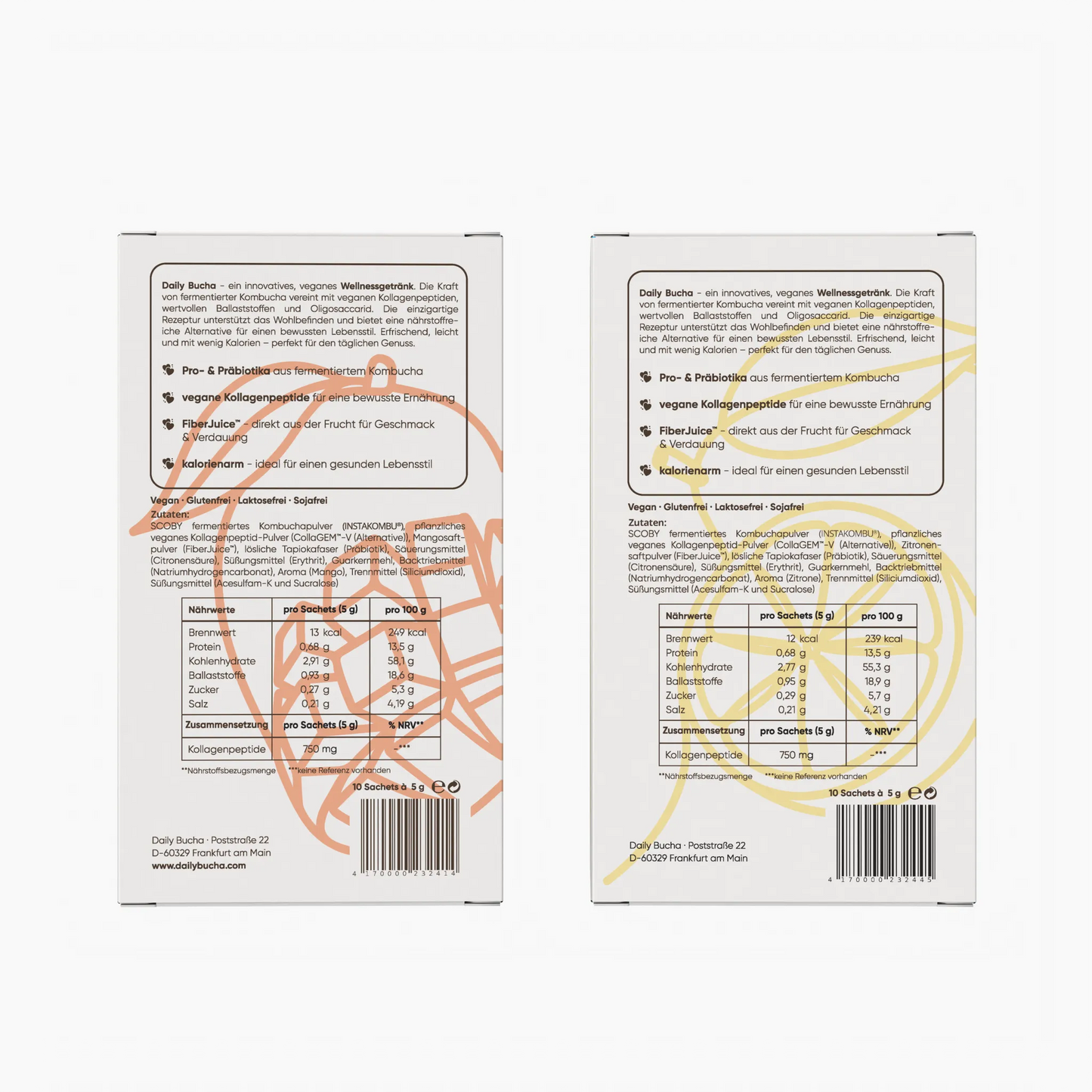 Daily Bucha Daily Rituals Set mit Zitronen- und Mango-Kombucha Boxen - Rückseite der Verpackungen mit Zutatenliste und Nährwertangaben
