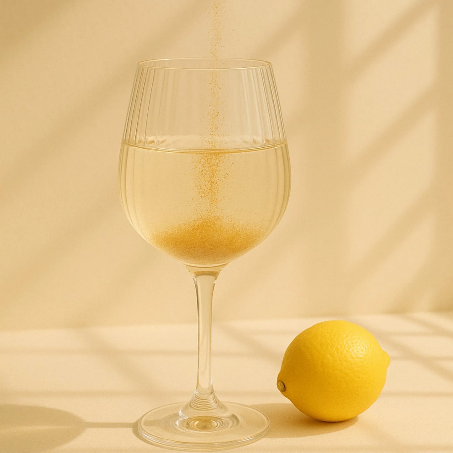 Daily Bucha Zitronen-Kombucha Pulver wird in ein Glas Wasser geschüttet, daneben liegt eine frische Zitrone - Zubereitungsszene