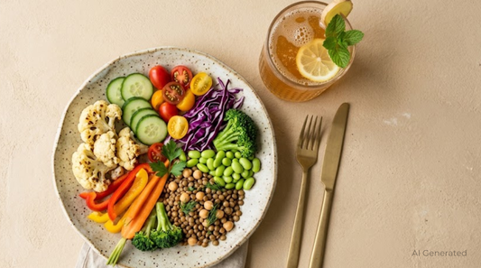 Flatlay mit Gemüse, Hülsenfrüchten und einem Glas Kombucha auf sandfarbenem Untergrund, inspiriert von der Ernährung in den Blue Zones