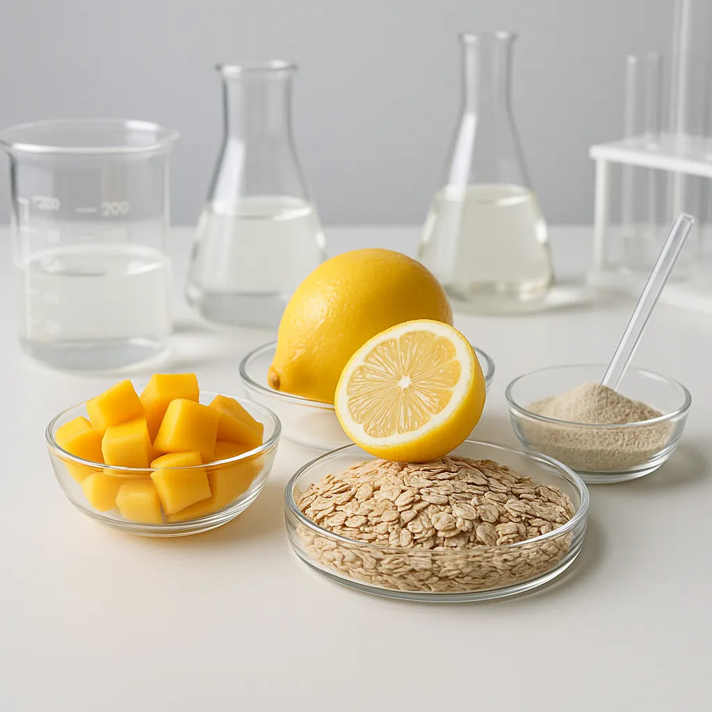 Zitronen, Mango, Haferflocken und Ballaststoffpulver als natürliche Quellen für Ballaststoffe