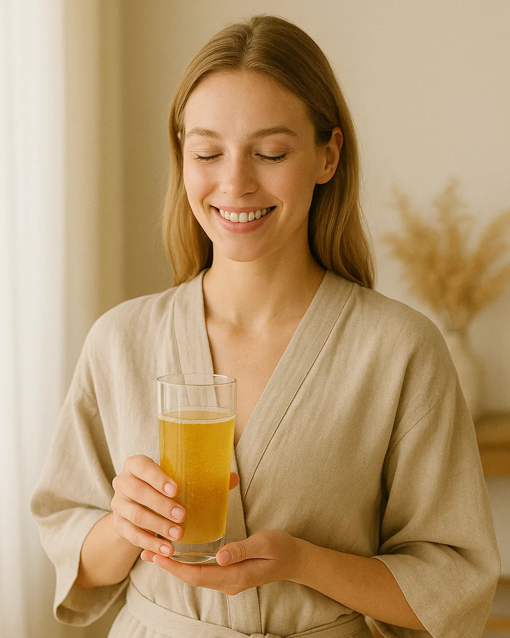 Frau im Bademantel mit Glas Kollagendrink als Symbol für die Wirkung auf Haut und Gesundheit
