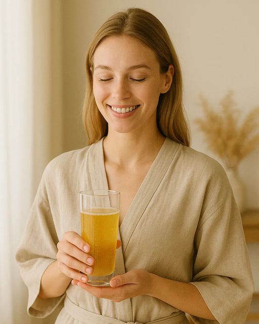 Frau im Bademantel mit Glas Kollagendrink als Symbol für die Wirkung auf Haut und Gesundheit