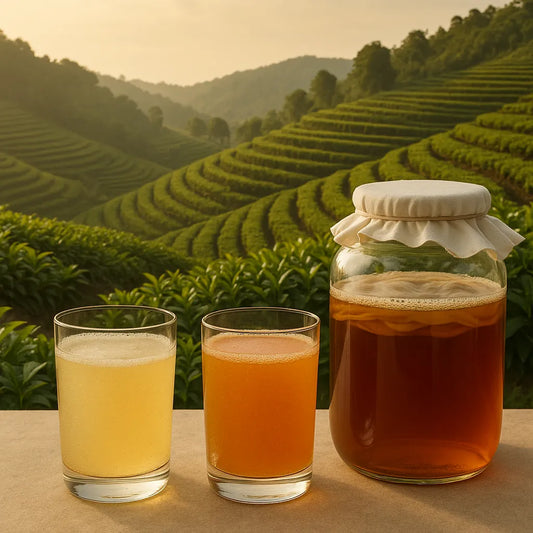 Kombucha-Gläser vor Teefeldern als Symbol für die Wirkung auf die Verdauung