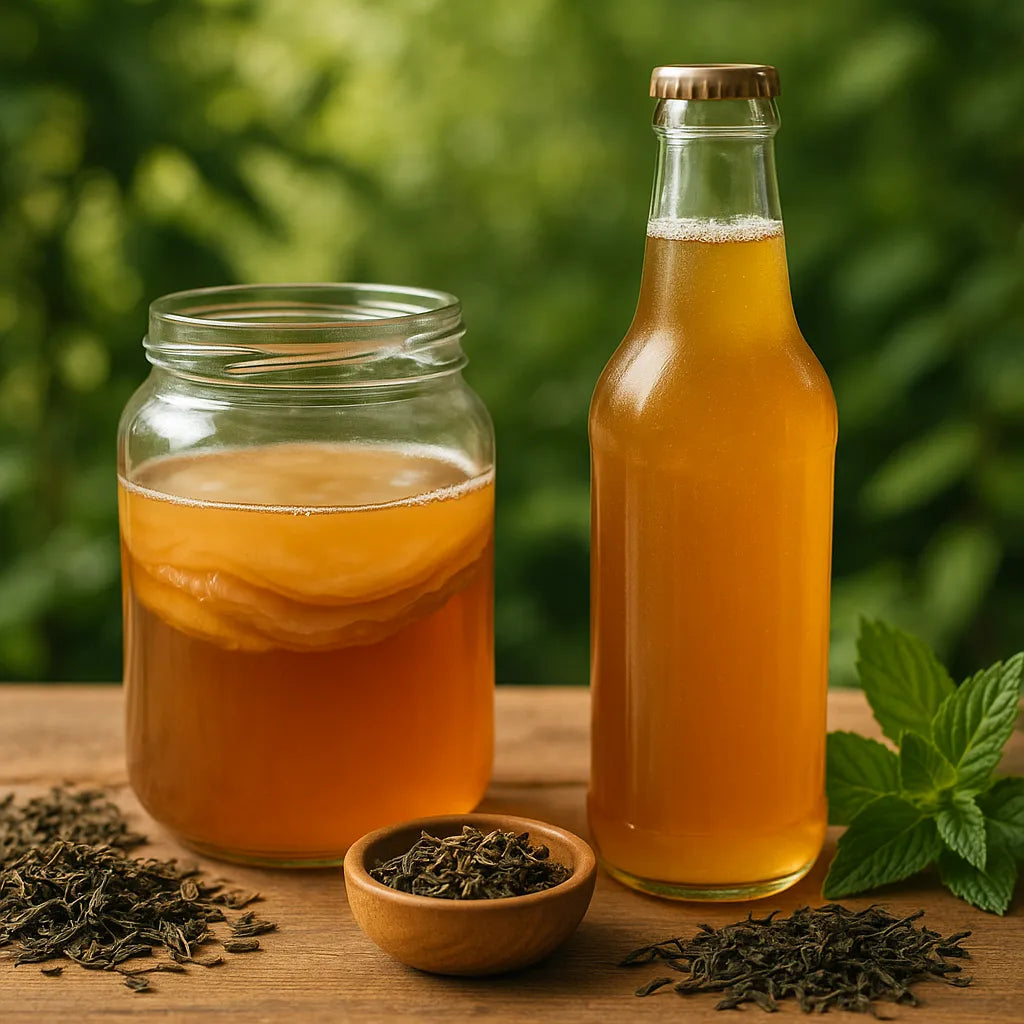 Glas und Flasche mit Kombucha und Teeblättern als Symbol für die gesundheitliche Wirkung von Kombucha
