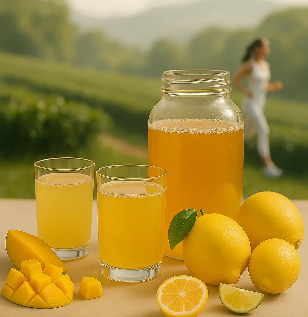 Gläser mit gelbem Kombucha-Getränk, Zitronen und Mango als Symbol für Ballaststoffe und Darmgesundheit