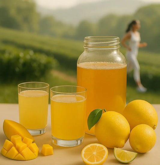 Gläser mit gelbem Kombucha-Getränk, Zitronen und Mango als Symbol für Ballaststoffe und Darmgesundheit