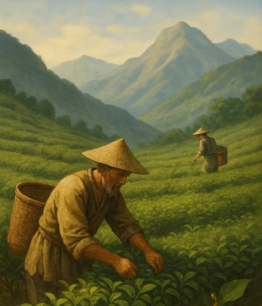 Traditionelle Teebauern in Teefeldern vor Bergen als Symbol für den Ursprung von Kombucha