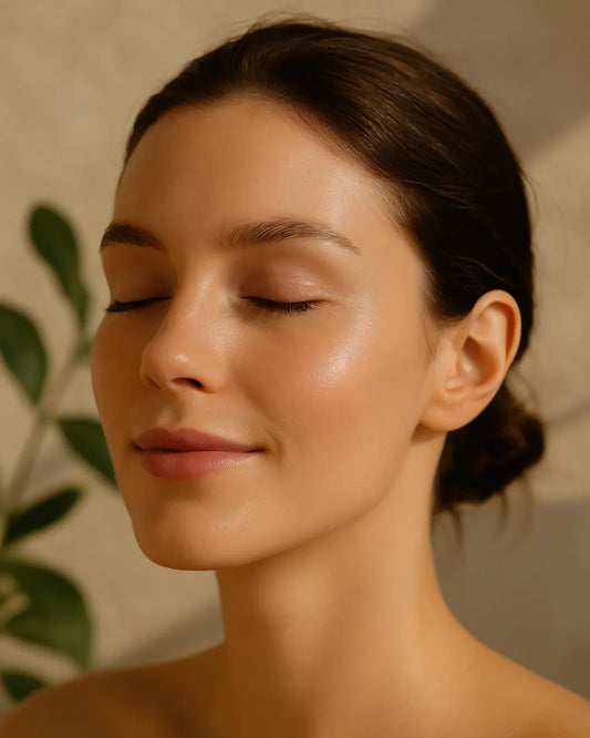 Frau mit strahlender Haut und geschlossenen Augen als Symbol für die Wirkung von veganem Kollagen