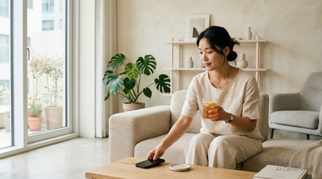 Person legt das Handy beiseite und hält stattdessen ein Glas Kombucha in einem hellen, ruhigen Wohnzimmer
