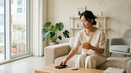 Person legt das Handy beiseite und hält stattdessen ein Glas Kombucha in einem hellen, ruhigen Wohnzimmer