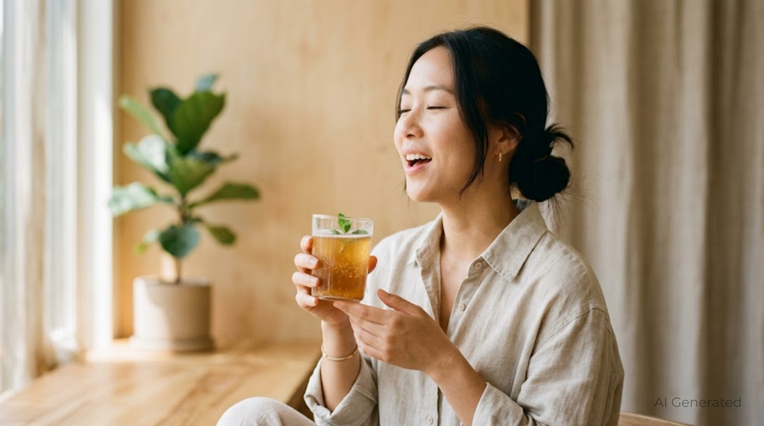 Portrait einer Person, die bewusst durchatmet und ein Glas Kombucha in der Hand hält, Symbolbild für Stressabbau
