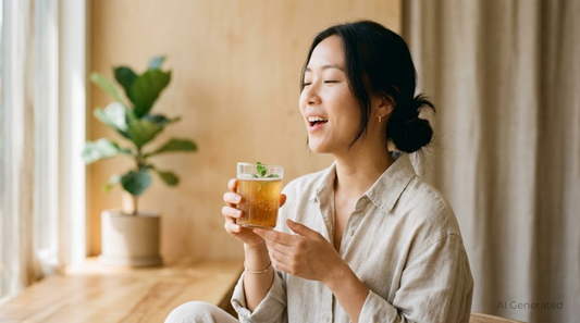 Portrait einer Person, die bewusst durchatmet und ein Glas Kombucha in der Hand hält, Symbolbild für Stressabbau