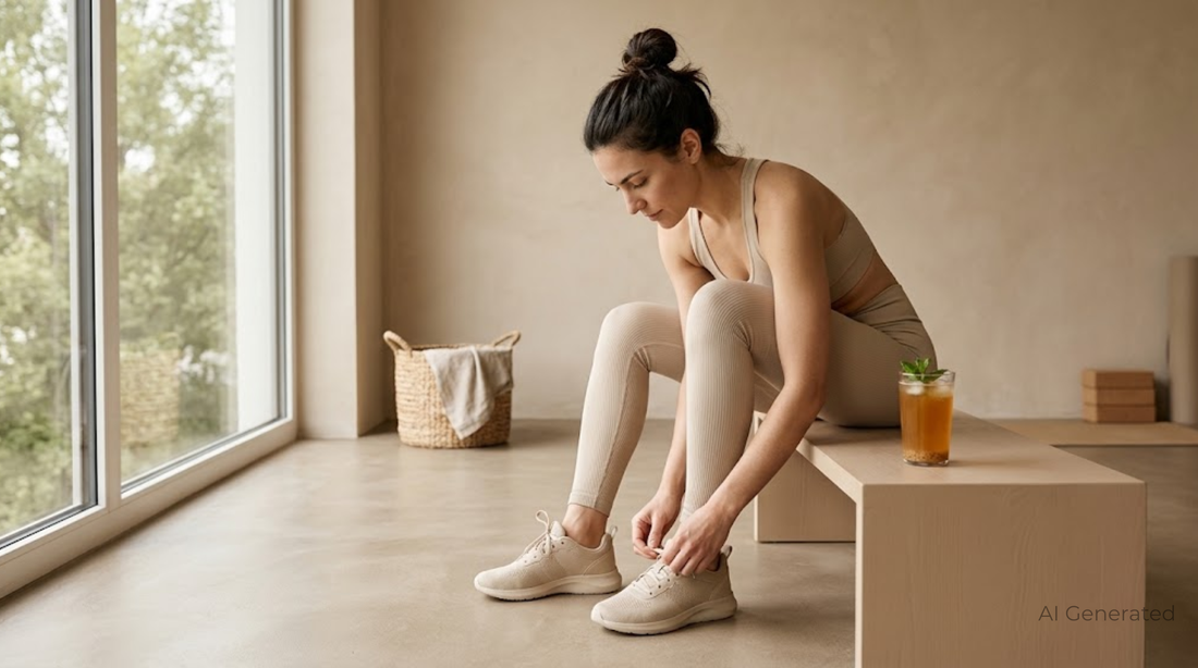 Person bindet die Schuhe vor dem Training, daneben ein Glas Kombucha auf der Bank, Symbolbild für den Trainingsstart nach dem Sommer