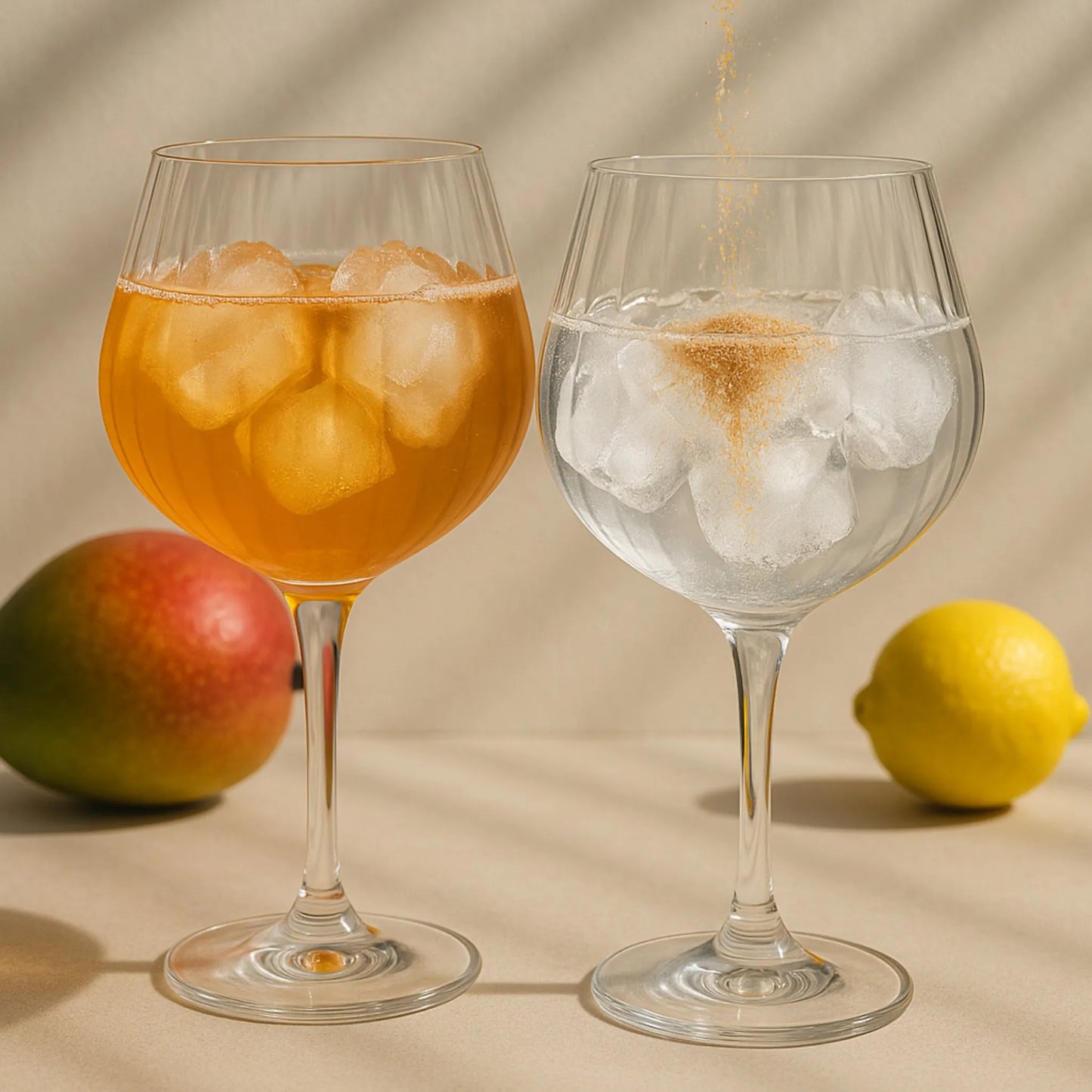 Daily Bucha Daily Rituals Set mit Mango- und Zitronen-Kombucha - zwei Gläser mit Eiswürfeln, links Mango-Drink, rechts Zitrone-Drink mit Pulver