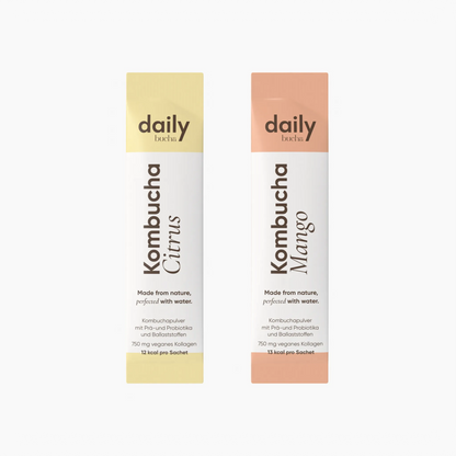 Daily Bucha Daily Rituals Set mit einem Zitronen-Kombucha Sachet und einem Mango-Kombucha Sachet - Vorderseite der Portionssticks