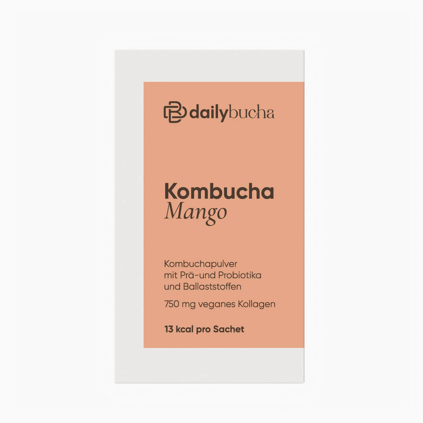 Daily Bucha Mango-Kombucha mit veganem Kollagen und Ballaststoffen, ohne Zuckerzusatz – Vorderseite der Verpackung mit Produktlogo und Design