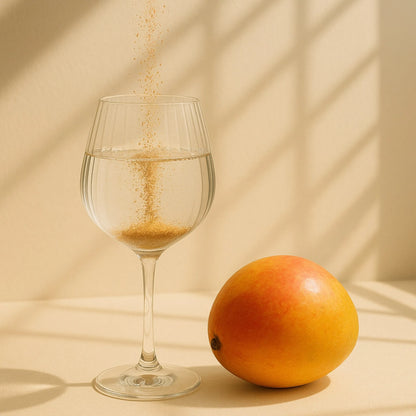 Daily Bucha Mango-Kombucha Pulver wird in einem Glas Wasser aufgelöst, daneben liegt eine frische Mango – Symbol für Geschmack und natürliche Zutaten