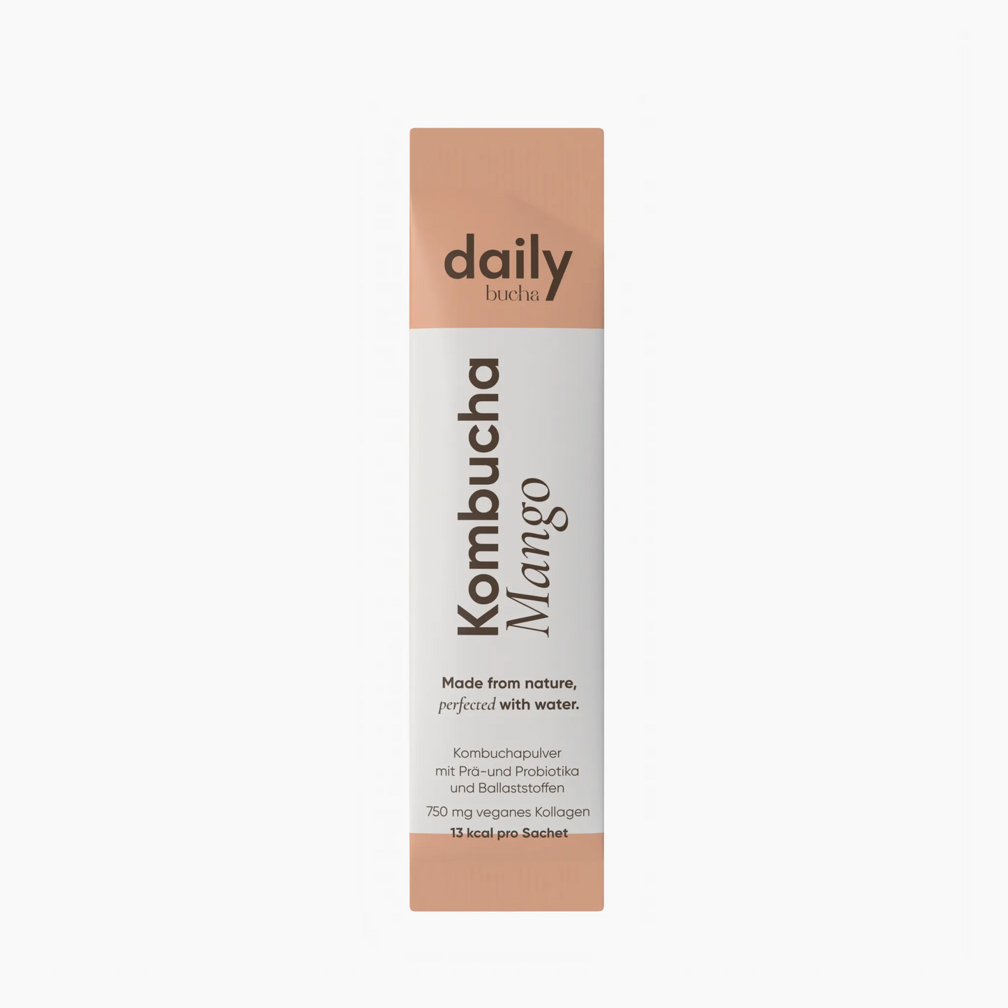 Daily Bucha Mango-Kombucha Sachet mit veganem Kollagen und Ballaststoffen, ohne Zuckerzusatz – Vorderseite des Portionssticks im minimalistischen Design