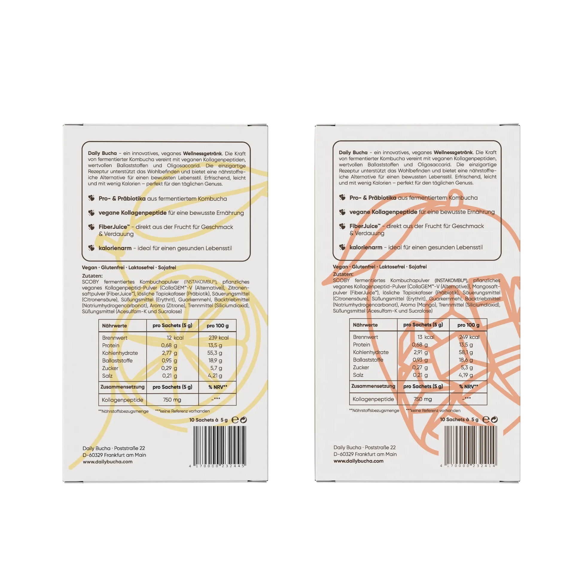 Daily Bucha Taste Set mit Zitronen- und Mango-Kombucha Boxen - Rückseitenansicht der Verpackungen mit Zutatenliste und Nährwertangaben
