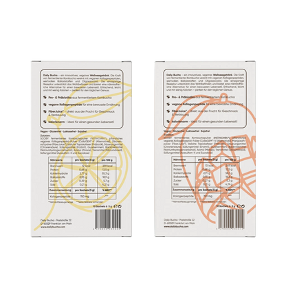 Daily Bucha Taste Set mit Zitronen- und Mango-Kombucha Boxen - Rückseitenansicht der Verpackungen mit Zutatenliste und Nährwertangaben