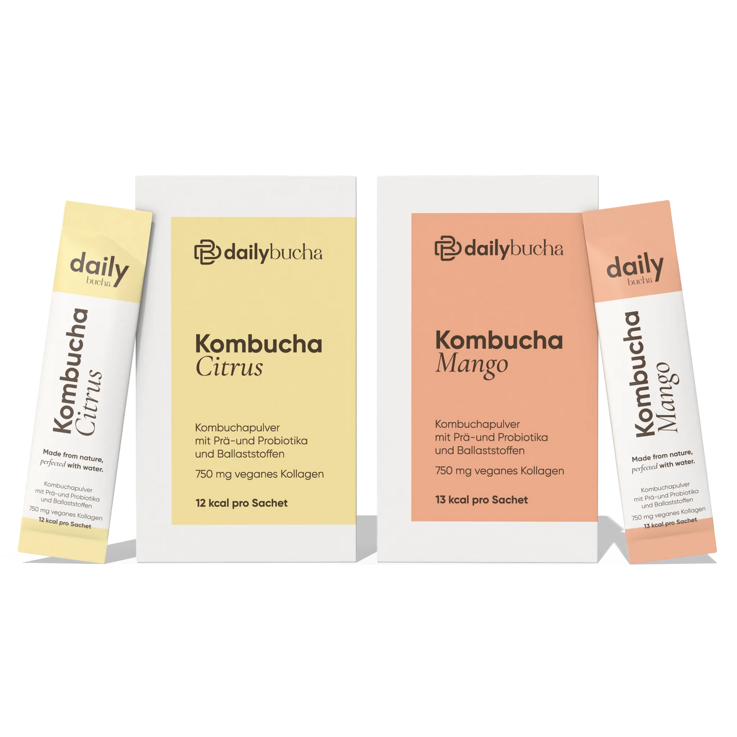 Daily Bucha Taste Set mit einer Zitronen-Kombucha Box und einer Mango-Kombucha Box, inklusive passender Sachets - Vorderseite der Verpackungen
