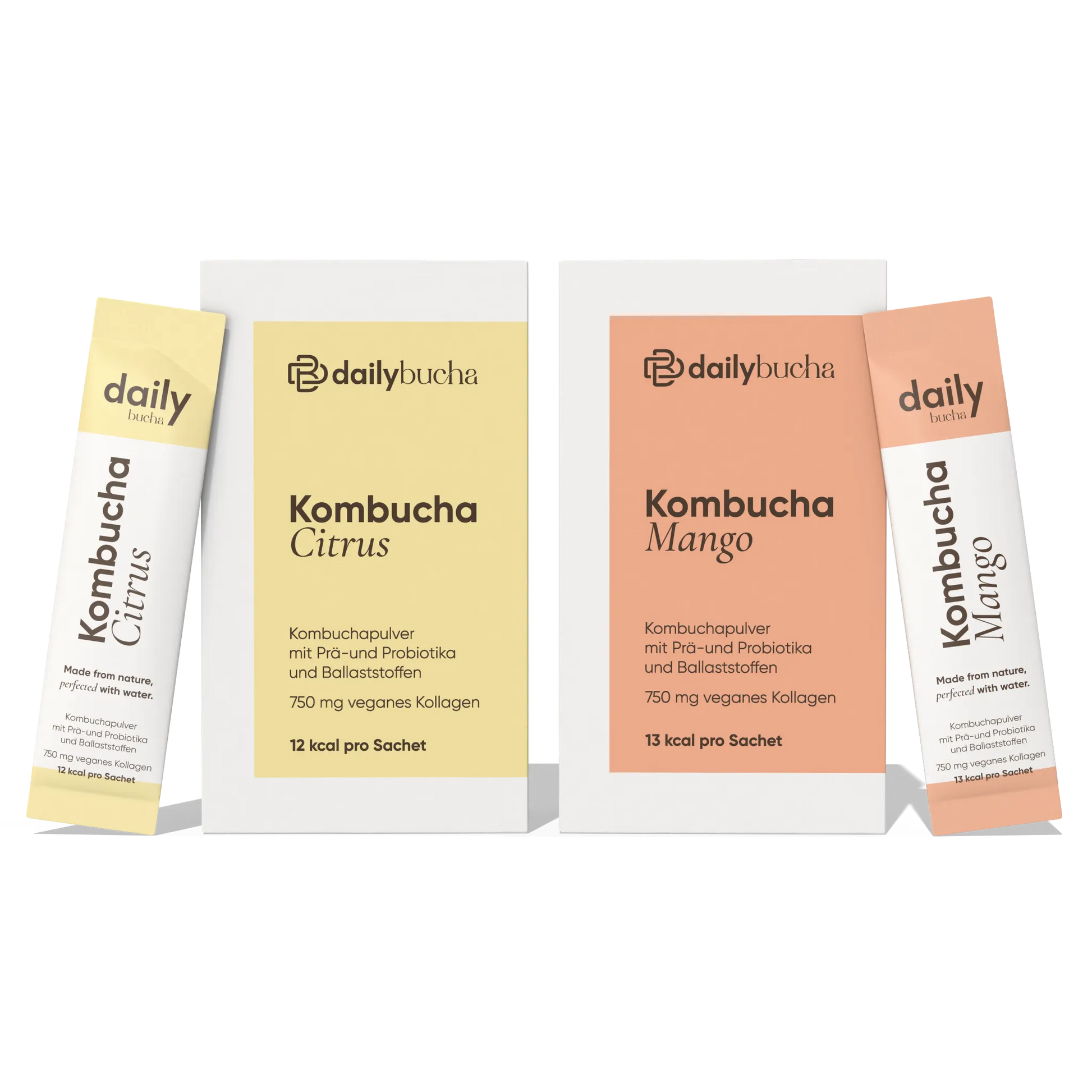 Daily Bucha Taste Set mit einer Zitronen-Kombucha Box und einer Mango-Kombucha Box, inklusive passender Sachets - Vorderseite der Verpackungen