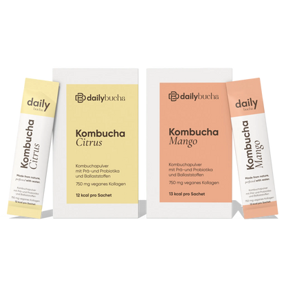Daily Bucha Taste Set mit einer Zitronen-Kombucha Box und einer Mango-Kombucha Box, inklusive passender Sachets - Vorderseite der Verpackungen