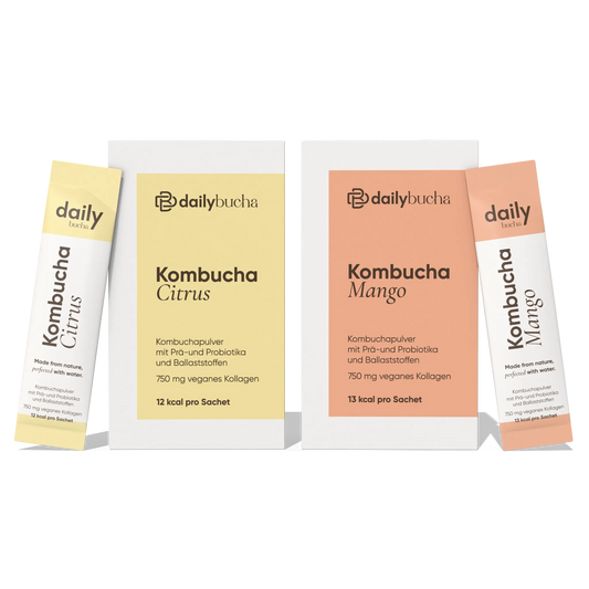 Daily Bucha Taste Set mit einer Zitronen-Kombucha Box und einer Mango-Kombucha Box, inklusive passender Sachets - Vorderseite der Verpackungen