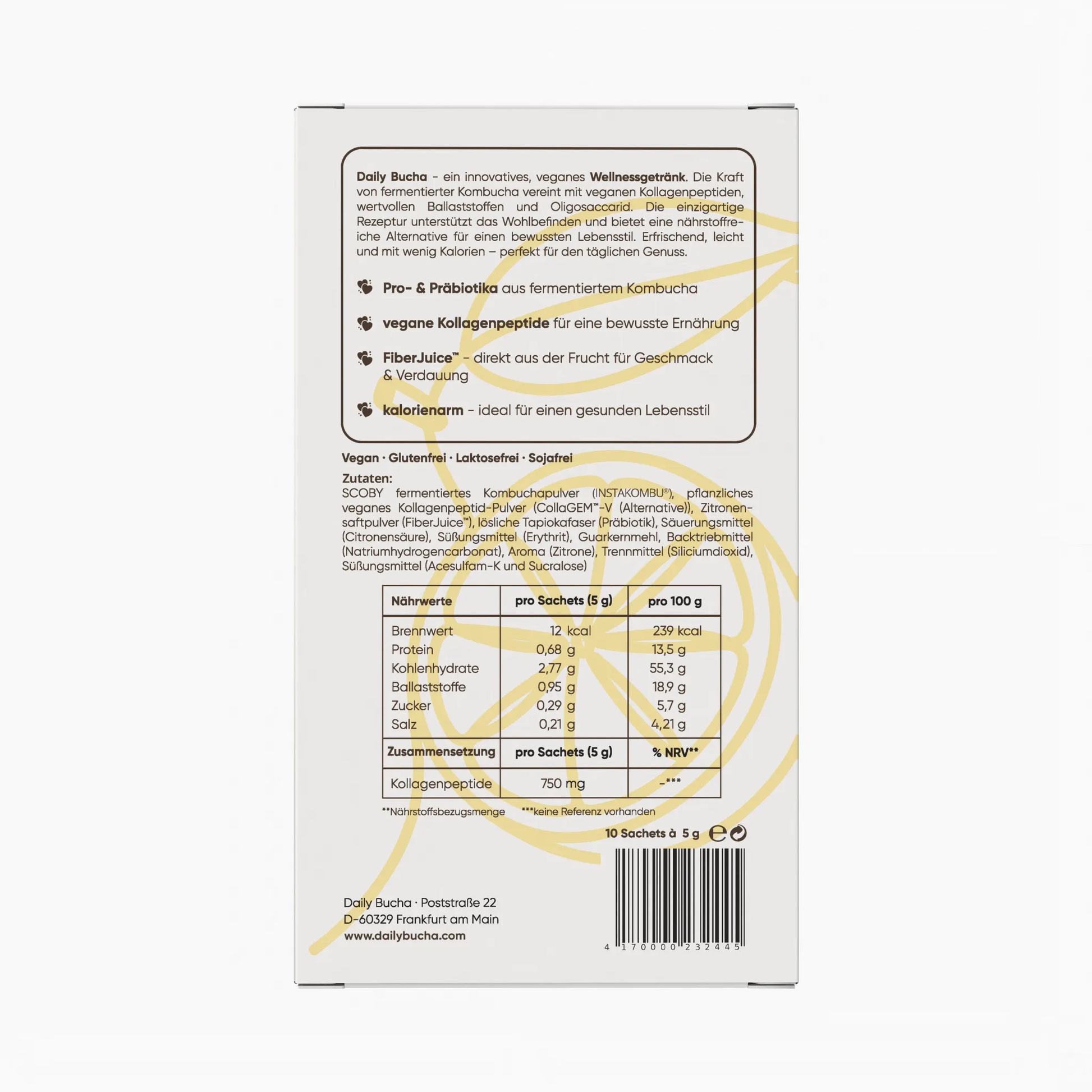 Daily Bucha Zitronen-Kombucha mit veganem Kollagen und Ballaststoffen, ohne Zuckerzusatz – Rückseite der Verpackung mit Zutaten und Nährwertangaben