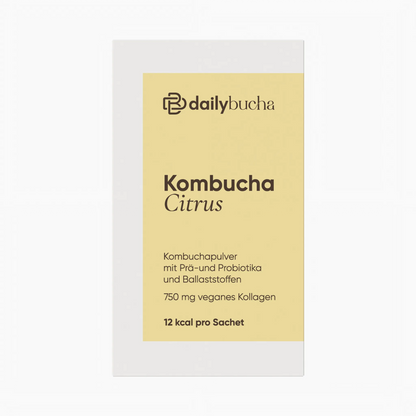 Daily Bucha Zitronen-Kombucha mit veganem Kollagen und Ballaststoffen, ohne Zuckerzusatz – Vorderseite der Verpackung mit Produktlogo und Design